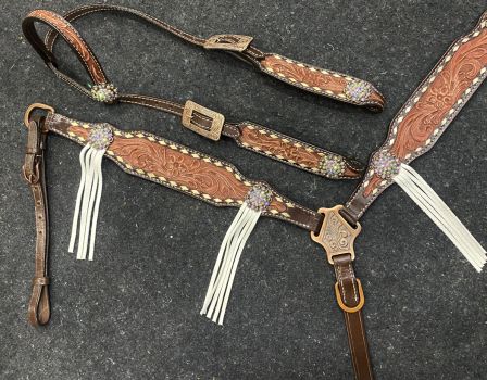 Showman Two-Tone Tooled Single Ear Headstall and Breast Collar Set with rawhide lacing and fringe accents #2